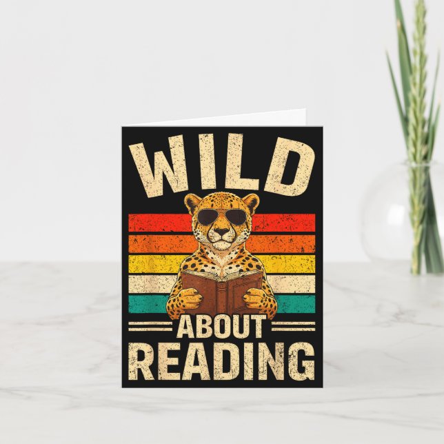 Funny wild about reading retro cheetah book boys card (Front)