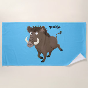 Funny wild boar razorback cartoon illustration beach towel
