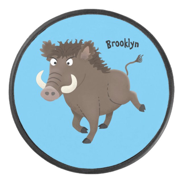 Funny wild boar razorback cartoon illustration hockey puck (Front)