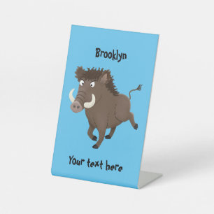 Funny wild boar razorback cartoon illustration pedestal sign