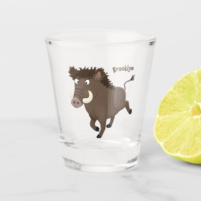 Funny wild boar razorback cartoon illustration shot glass (Front)