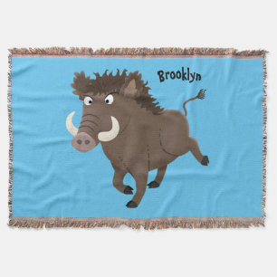 Funny wild boar razorback cartoon illustration throw blanket