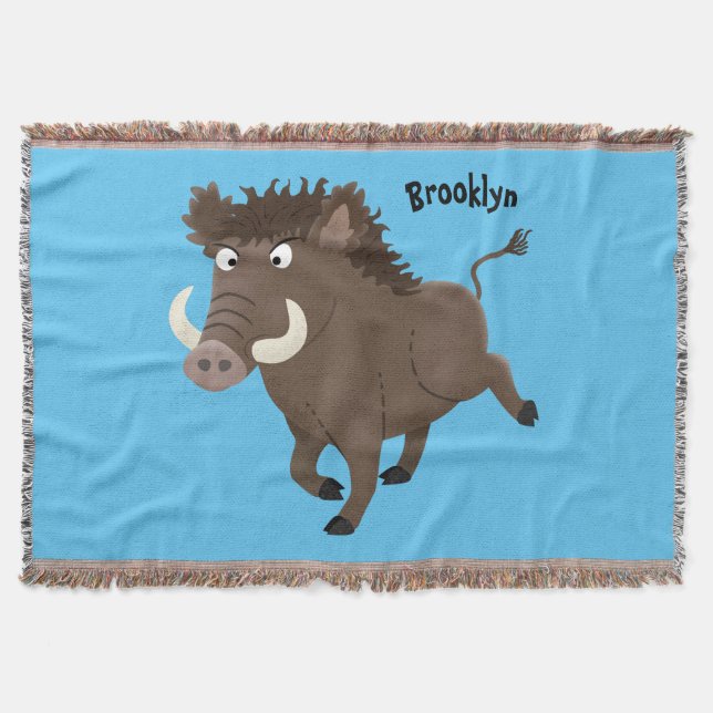 Funny wild boar razorback cartoon illustration throw blanket (Front)