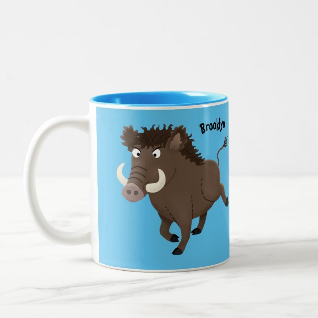 Funny wild boar razorback cartoon illustration Two-Tone coffee mug (Left)