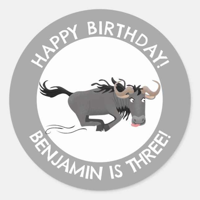 Funny wildebeest personalised cartoon birthday classic round sticker (Front)