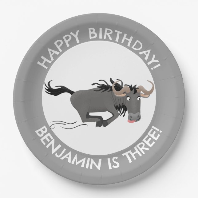 Funny wildebeest personalised cartoon birthday paper plate (Front)