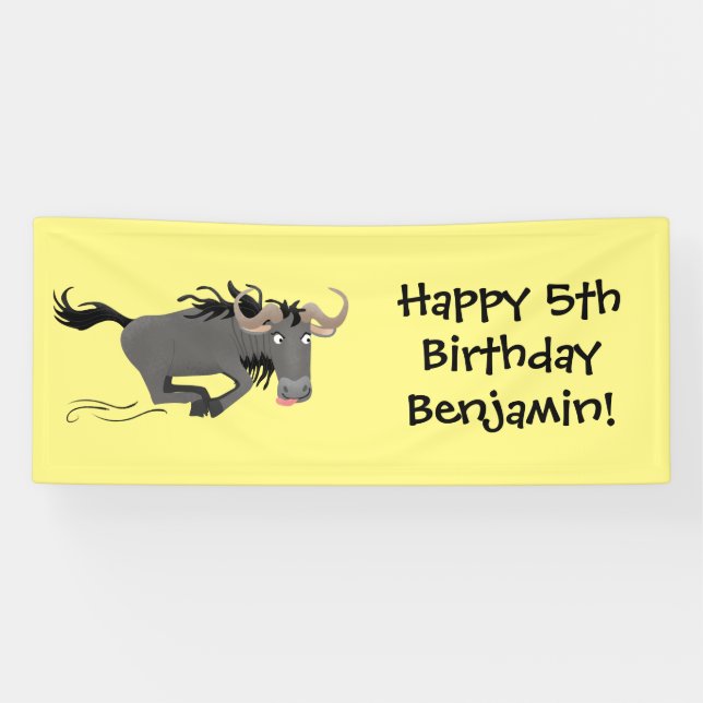 Funny wildebeest running cartoon illustration banner (Horizontal)