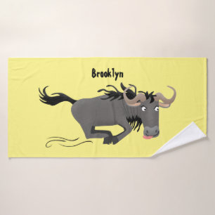 Funny wildebeest running cartoon illustration bath towel set