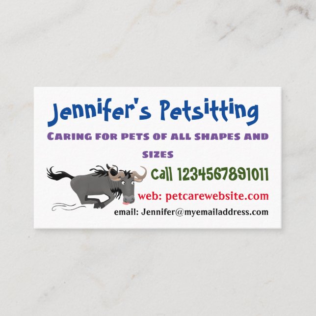 Funny wildebeest running cartoon illustration business card (Front)