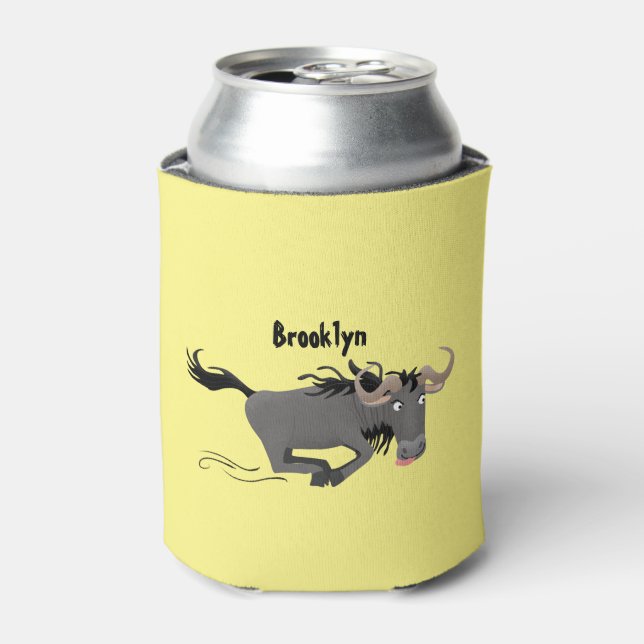 Funny wildebeest running cartoon illustration can cooler (Can Front)