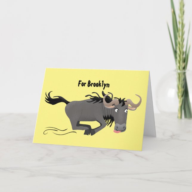 Funny wildebeest running cartoon illustration card (Front)