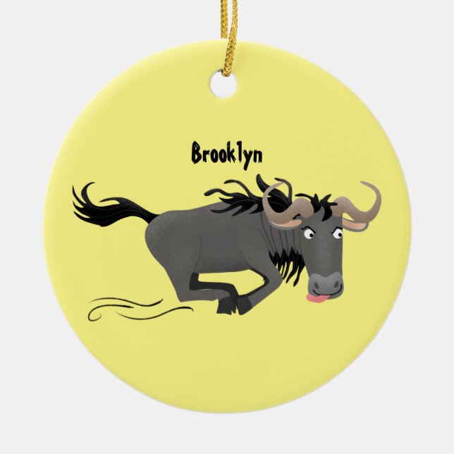 Funny wildebeest running cartoon illustration ceramic tree decoration (Front)