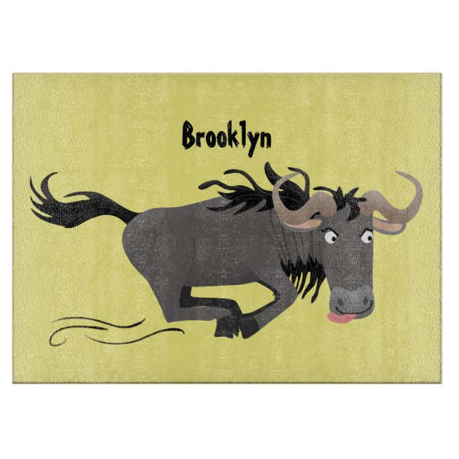 Funny wildebeest running cartoon illustration cutting board (Front)