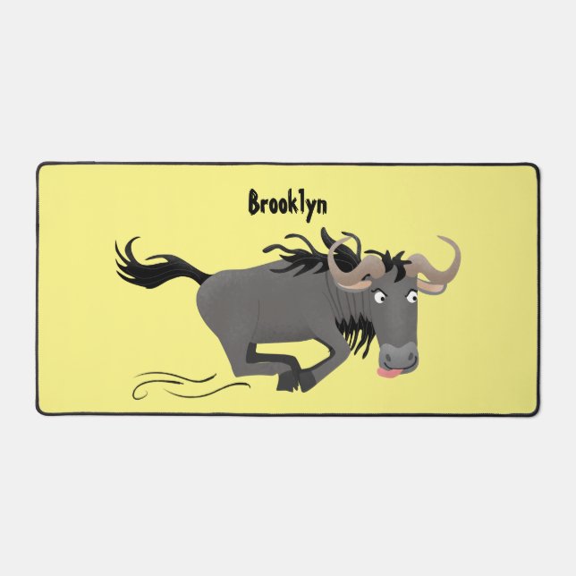 Funny wildebeest running cartoon illustration desk mat (Front)