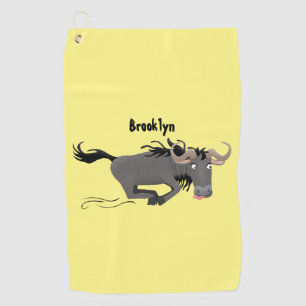 Funny wildebeest running cartoon illustration golf towel