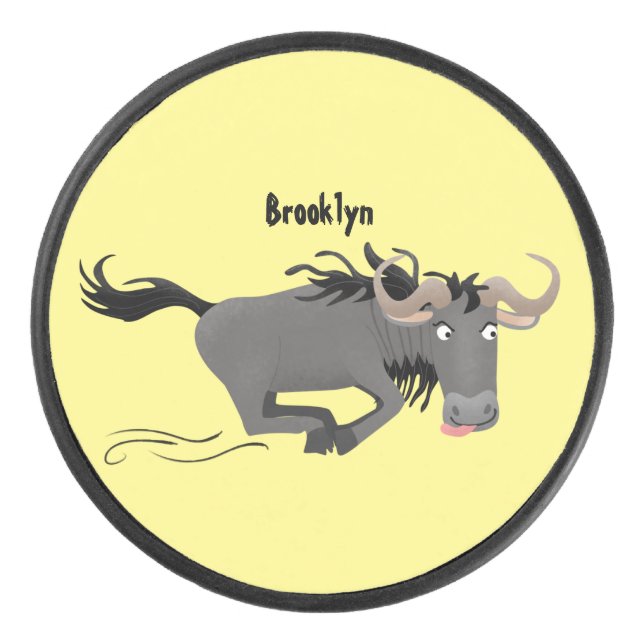 Funny wildebeest running cartoon illustration hockey puck (Front)