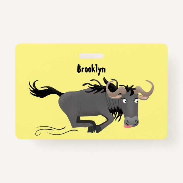 Funny wildebeest running cartoon illustration ID badge (Front)