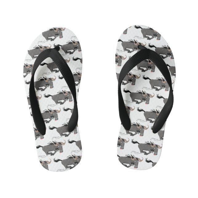 Funny wildebeest running cartoon illustration kid's flip flops (Footbed)