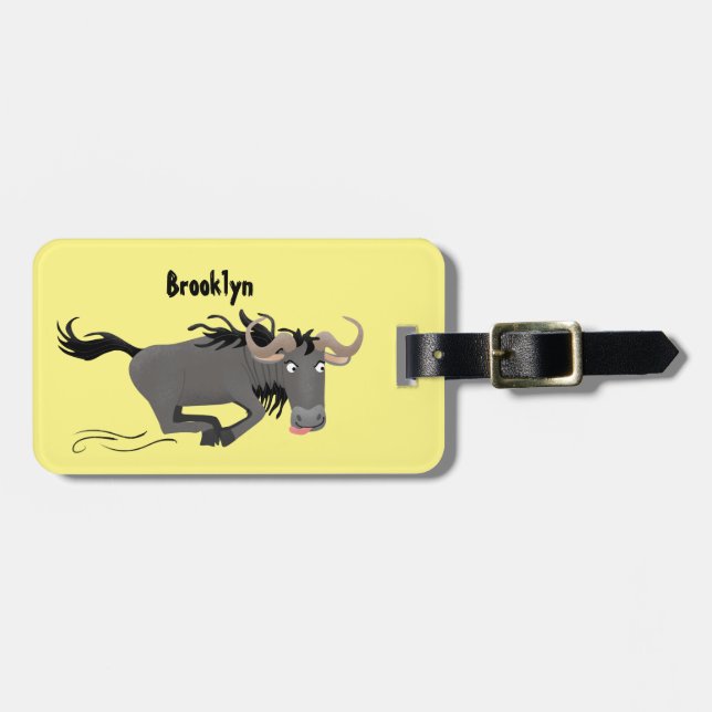 Funny wildebeest running cartoon illustration luggage tag (Front Horizontal)