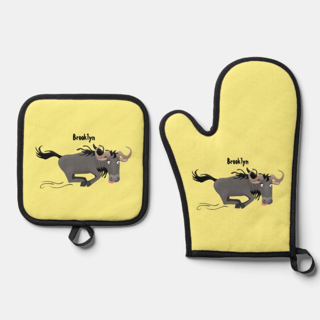 Funny wildebeest running cartoon illustration  oven mitt & pot holder set (Front)