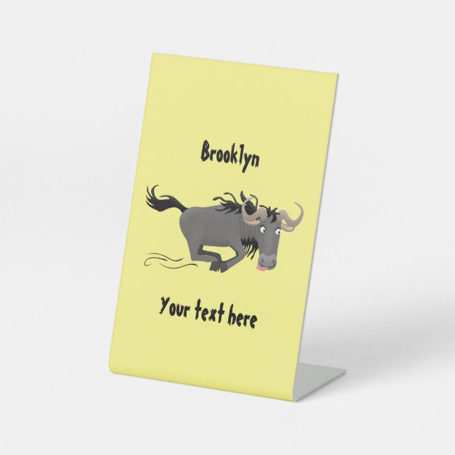 Funny wildebeest running cartoon illustration pedestal sign (Front)