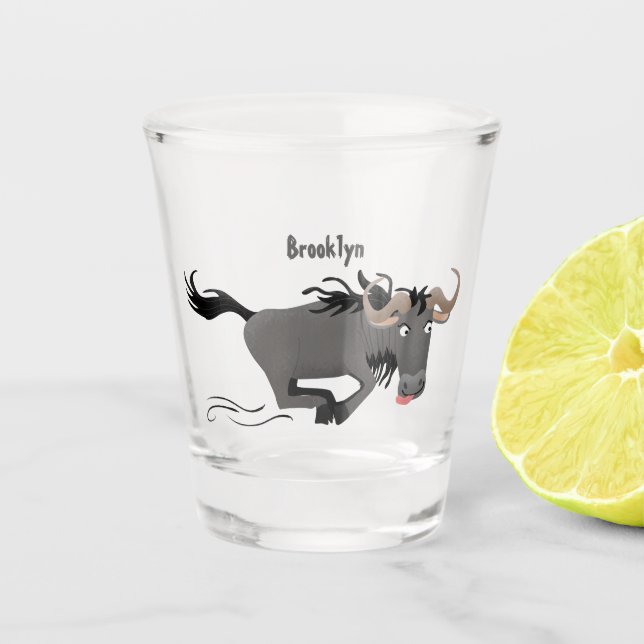 Funny wildebeest running cartoon illustration shot glass (Front)
