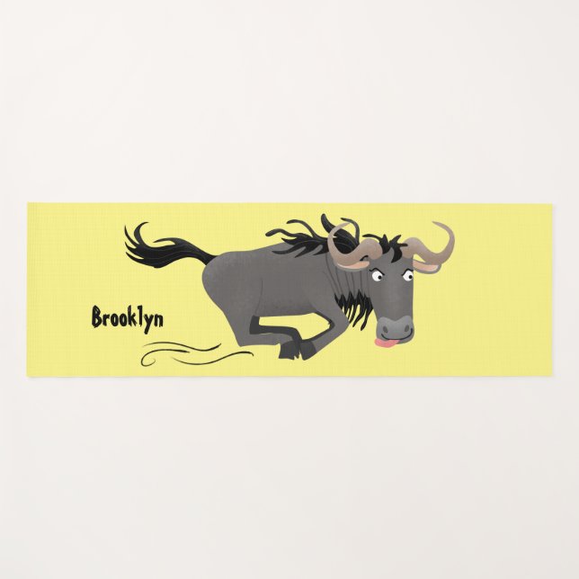 Funny wildebeest running cartoon illustration yoga mat (Front (Horizontal))