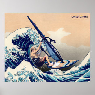 Funny Windsurfing Surfer On The Hokusai Great Wave Poster