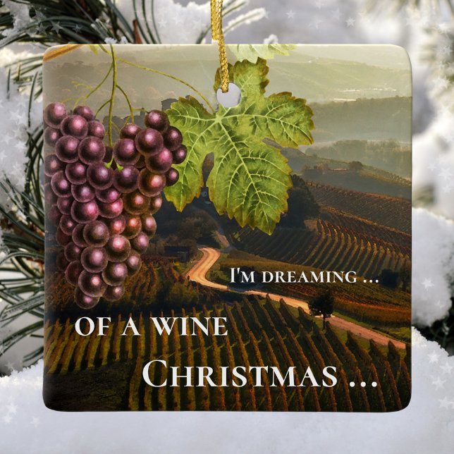 Funny Wine Christmas Personalised Ceramic Ornament (Ornament featuring a landscape scene with vineyards and an image of grapes with vine ranks)