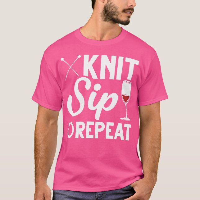 Funny Wine Drinking Mum Knitting T-Shirt (Front)