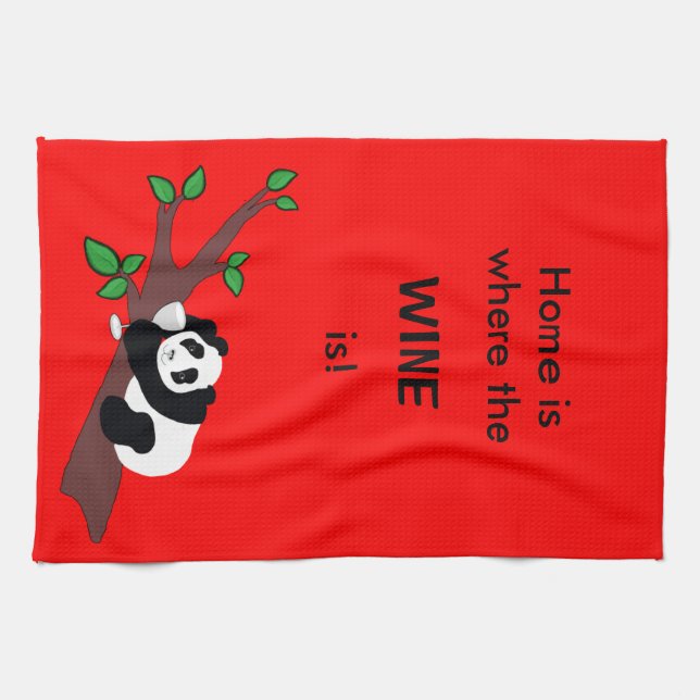Funny Wine Drinking Panda Bear in Tree Tea Towel (Horizontal)
