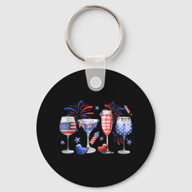 Funny Wine Gl Red White Blue Firework Happy 4th Of Key Ring (Front)