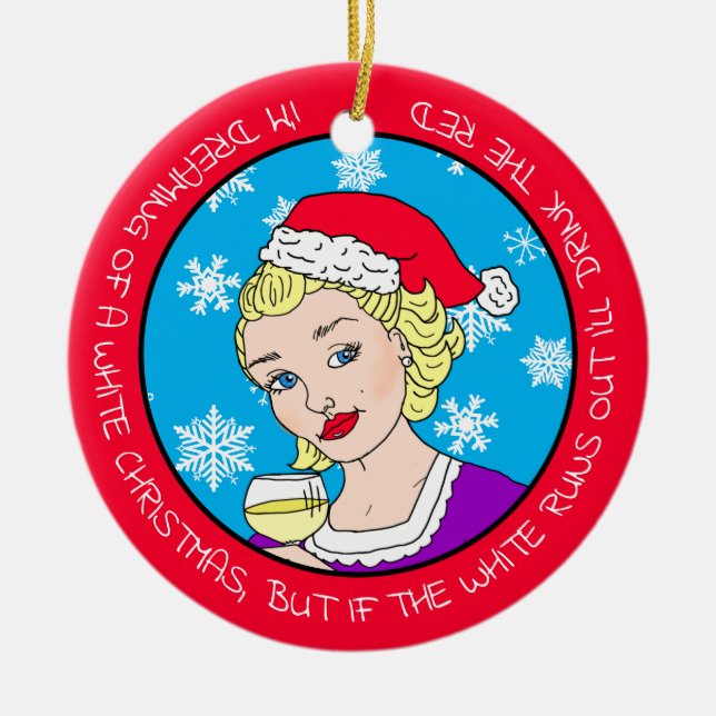 Funny Wine Humour Retro Lady  Christmas Ceramic Tree Decoration (Front)