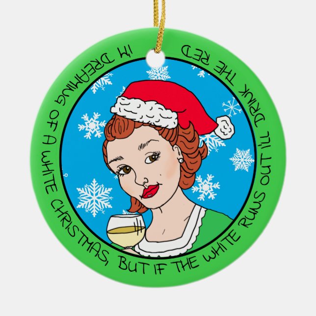 Funny Wine Humour Retro Lady  Christmas Ceramic Tree Decoration (Front)