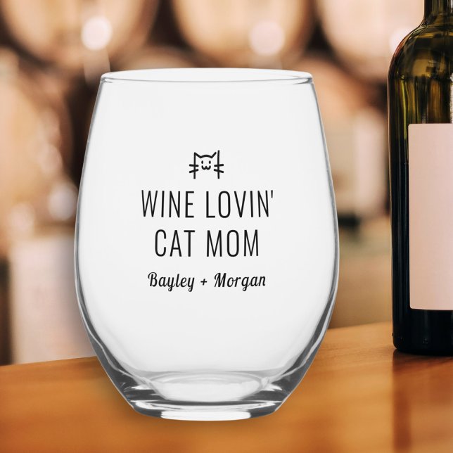 Funny Wine Loving Cat Mum Personalised Names Stemless Wine Glass (Creator Uploaded)