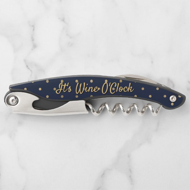 Funny Wine O'Clock Blue Gold Polka Dot Quote Corkscrew (Front)