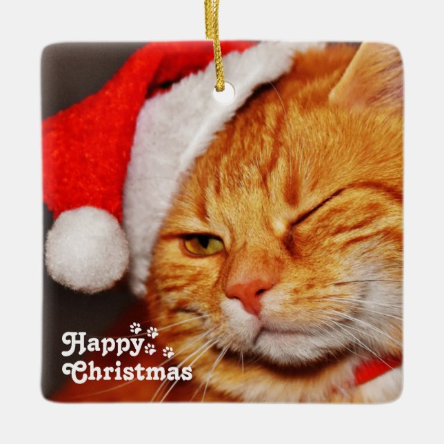 Funny Wink Cat Santa&Happy Christmas Unique    Ceramic Ornament (Front)