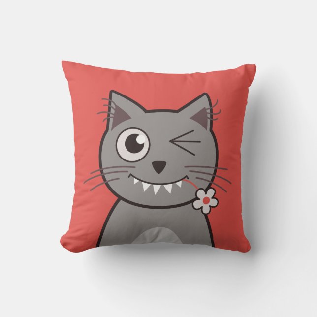 Funny Winking Cartoon Kitty Cat Cushion (Front)