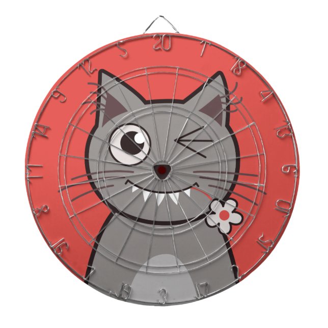 Funny Winking Cartoon Kitty Cat Dartboard (Front)