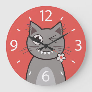 Funny Winking Cartoon Kitty Cat Large Clock