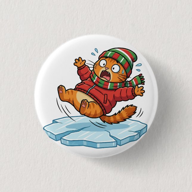 Funny Winter Cat Slipping On Ice Button (Front)