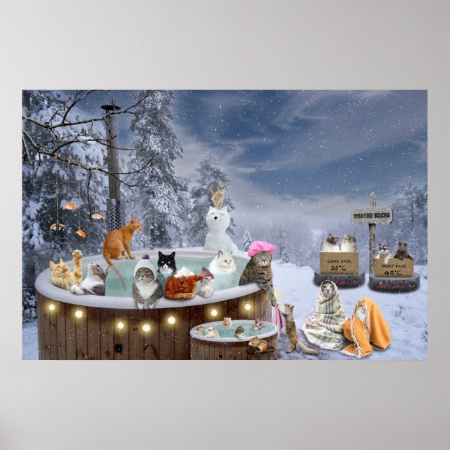 Funny Winter Cats in Hot Tub Cat Lover Art Poster (Front)