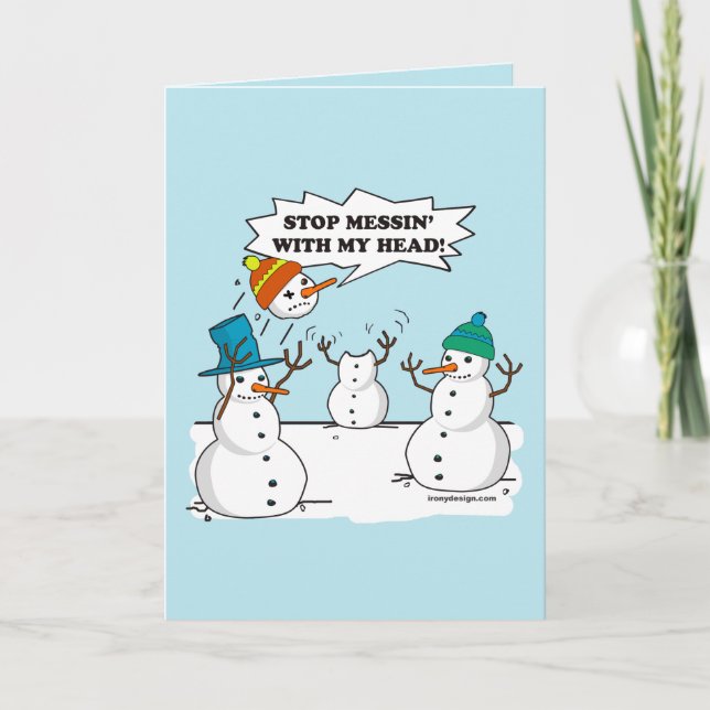 Funny Winter Snowmen Cartoon Joke Blue Holiday Card (Front)