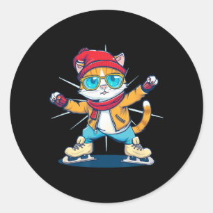 Funny Winter Sport Cat In Ice Skating Scute Ss Cut Classic Round Sticker