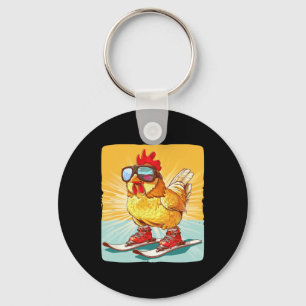 Funny Winter Sport Costume For Chicken And Skiing Key Ring