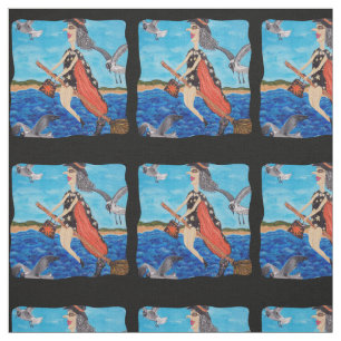 Funny Witch Bathing Suit Flying over Beach Cat Fabric