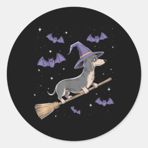 Funny Witch Broomstick Dachshund Lovers Spooky Classic Round Sticker