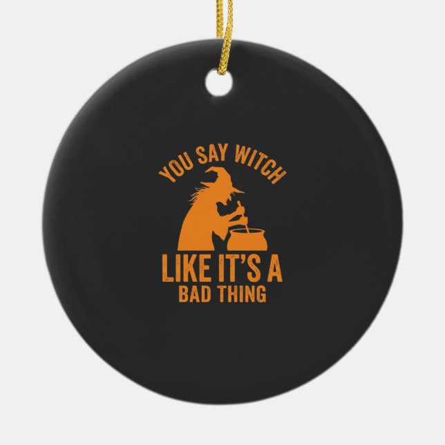 Funny Witch Cauldron Halloween Ceramic Tree Decoration (Front)