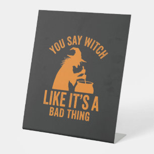 Funny Witch Cauldron Halloween Pedestal Sign