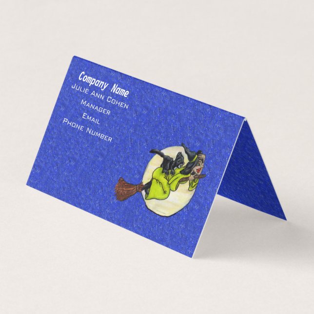 Funny Witch Flying on Broom Cat on Back Moon Blue Business Card (Front)